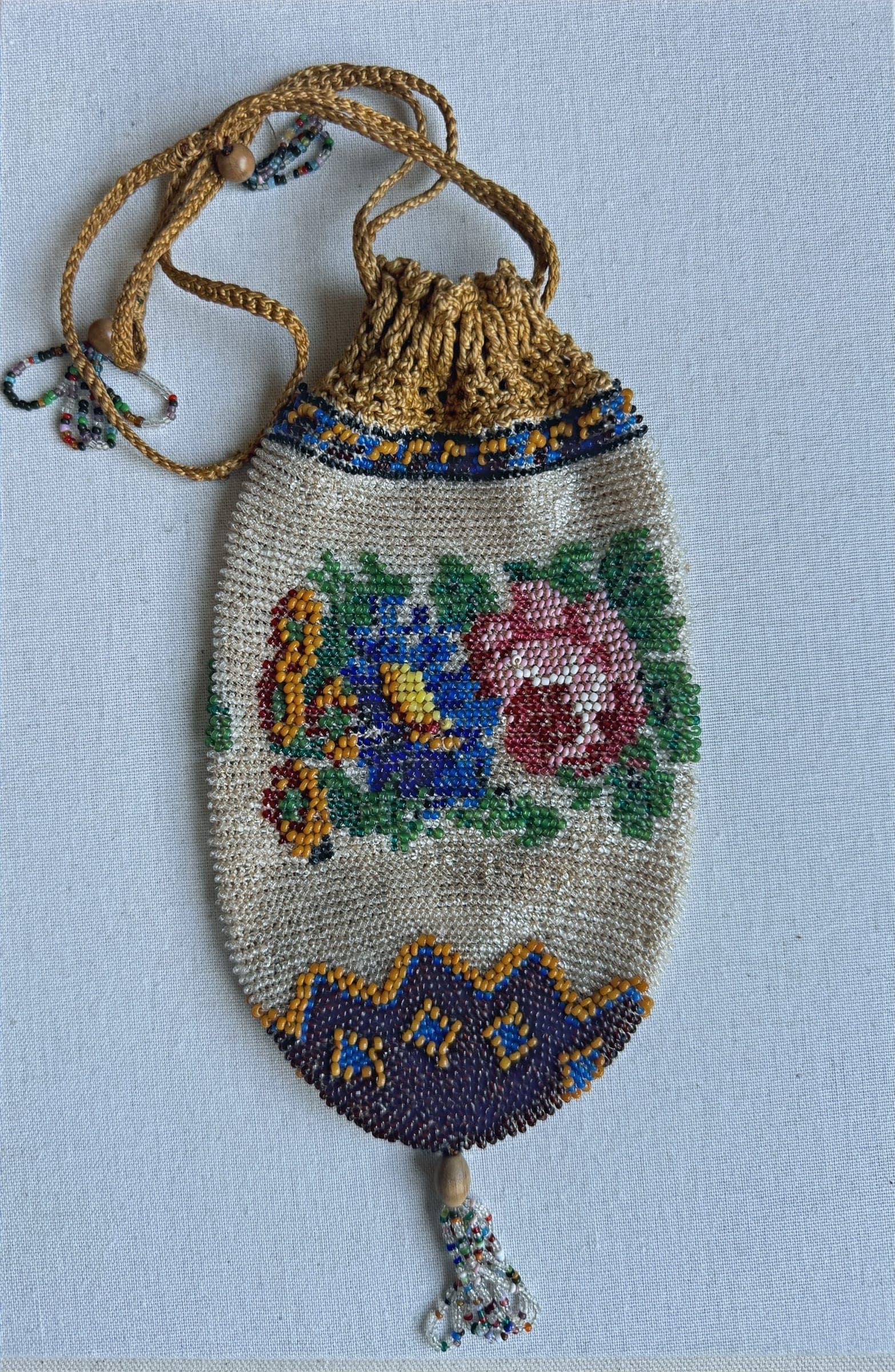 Early 20th-Century Hand-Beaded Drawstring Bag